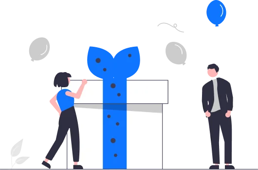 Illustration of people receiving a gift reward, with text explaining earning commission for successful referrals and promoting Hume Pod products.