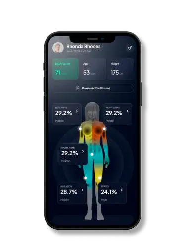 Smartphone app displaying body composition analysis for a user, including body score, body fat percentage, and segmental measurements for arms, legs, and torso.